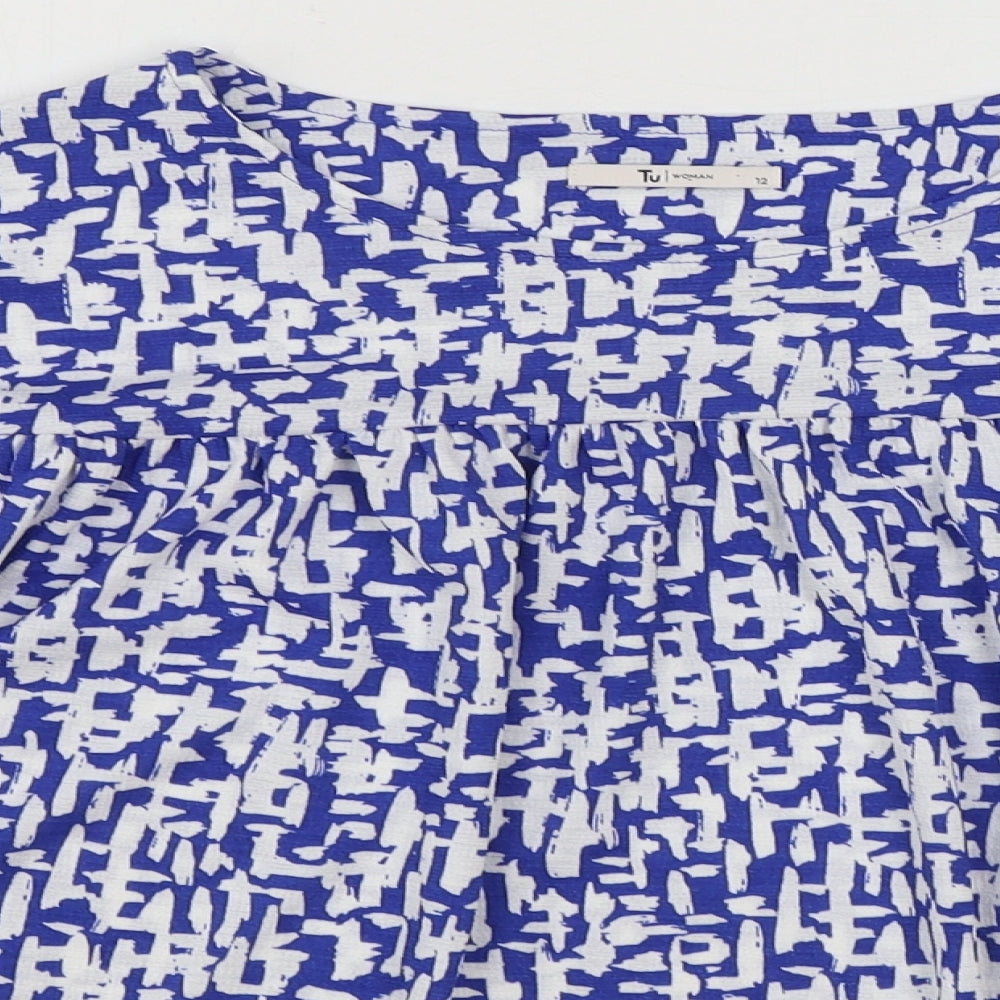 TU Womens Blue Geometric Polyester Basic T-Shirt Size 12 Round Neck