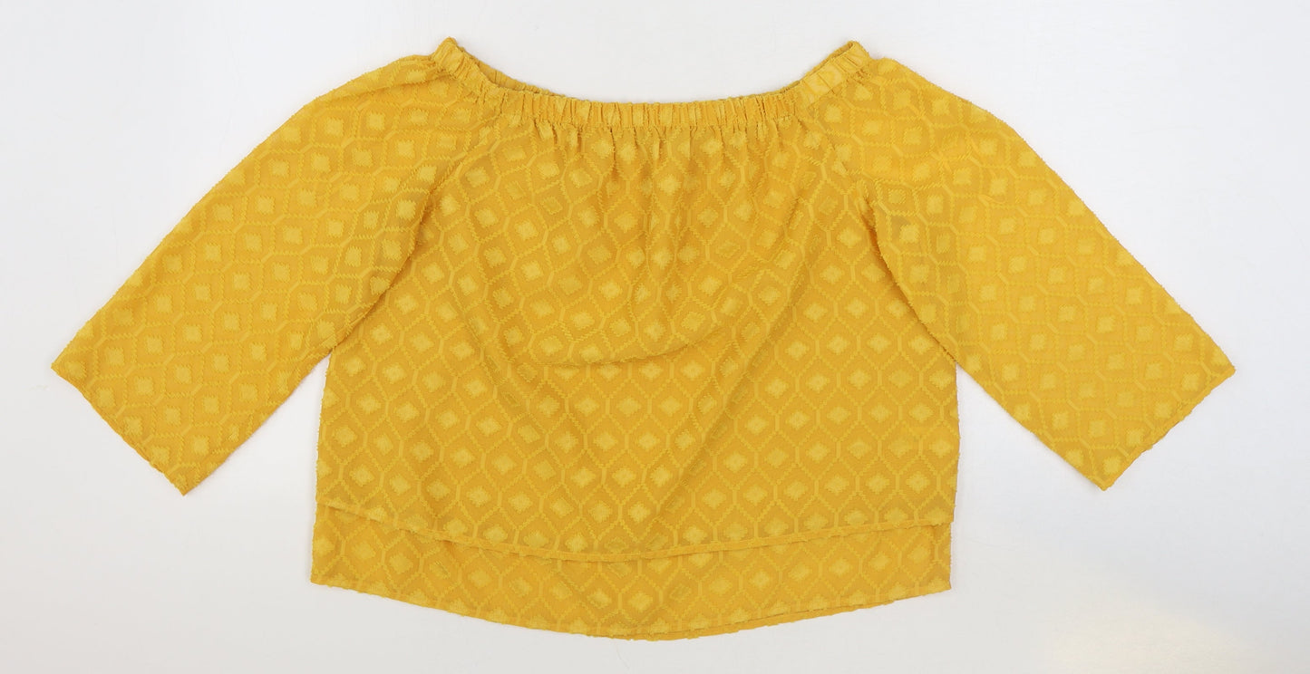 TU Womens Yellow Geometric Polyester Basic Blouse Size 12 Boat Neck