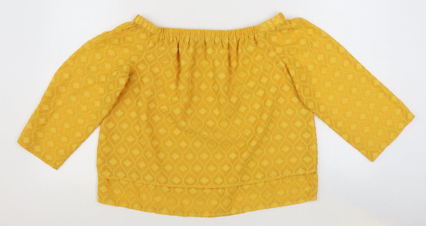 TU Womens Yellow Geometric Polyester Basic Blouse Size 12 Boat Neck