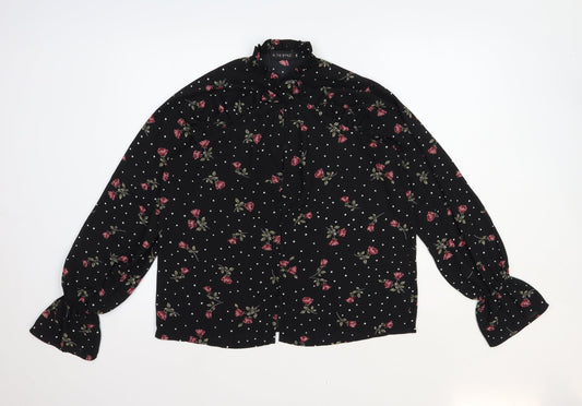 In the Style Womens Black Floral Polyester Basic Button-Up Size 6 Round Neck