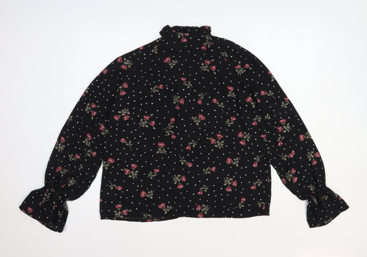 In the Style Womens Black Floral Polyester Basic Button-Up Size 6 Round Neck