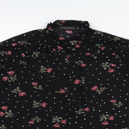 In the Style Womens Black Floral Polyester Basic Button-Up Size 6 Round Neck