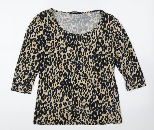 F&F Womens Beige Animal Print Cotton Basic T-Shirt Size 12 Scoop Neck - Leopard Print