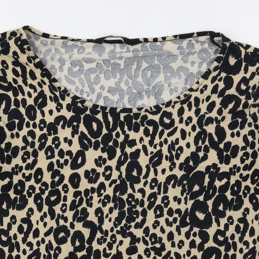 F&F Womens Beige Animal Print Cotton Basic T-Shirt Size 12 Scoop Neck - Leopard Print