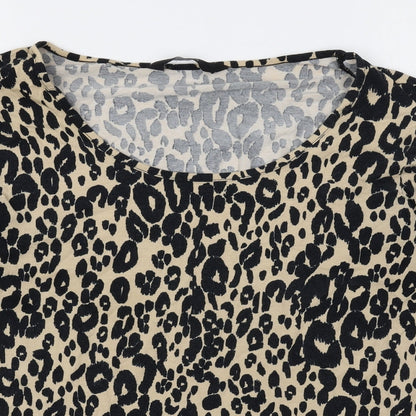F&F Womens Beige Animal Print Cotton Basic T-Shirt Size 12 Scoop Neck - Leopard Print