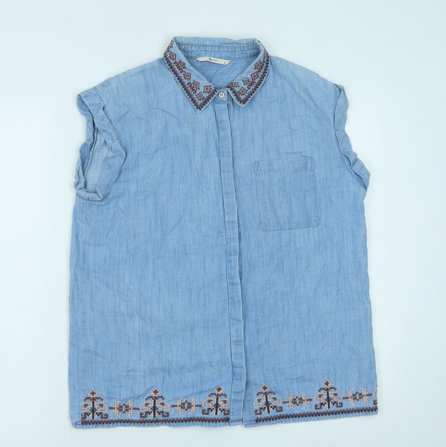 TU Womens Blue Cotton Basic Button-Up Size 10 Collared