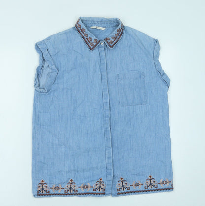 TU Womens Blue Cotton Basic Button-Up Size 10 Collared