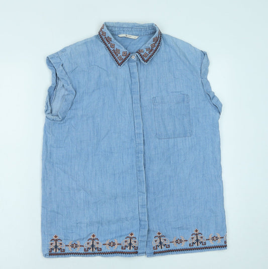 TU Womens Blue Cotton Basic Button-Up Size 10 Collared