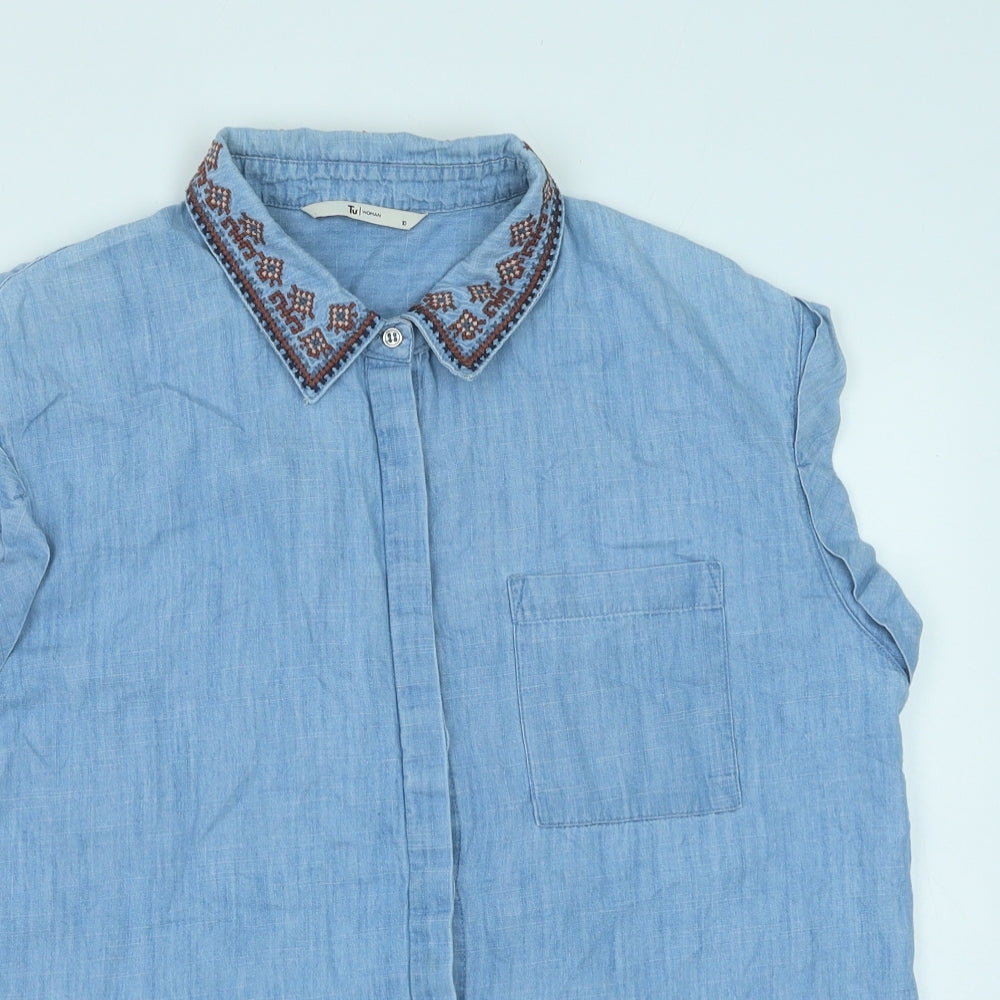 TU Womens Blue Cotton Basic Button-Up Size 10 Collared