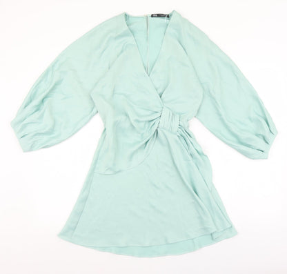 Zara Womens Green Polyester Fit & Flare Size XS V-Neck Button