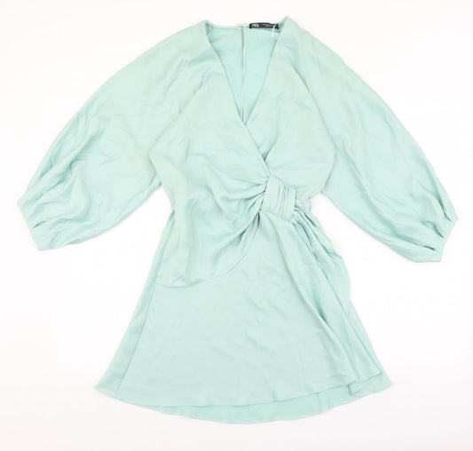 Zara Womens Green Polyester Fit & Flare Size XS V-Neck Button