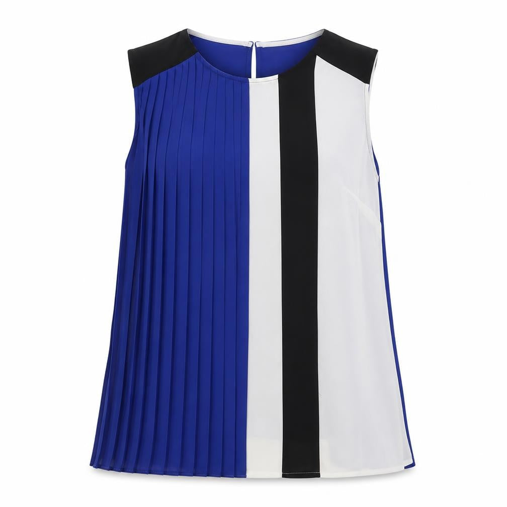 Marks and Spencer Womens Blue Geometric Polyester Basic Tank Size 12 Round Neck - Pleated front detail