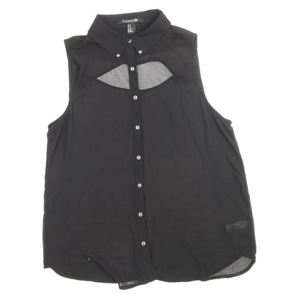 FOREVER 21 Womens Black Polyester Basic Button-Up Size M Collared