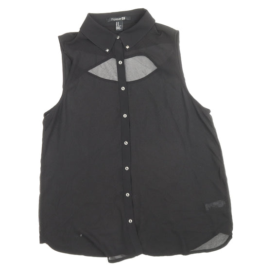 FOREVER 21 Womens Black Polyester Basic Button-Up Size M Collared