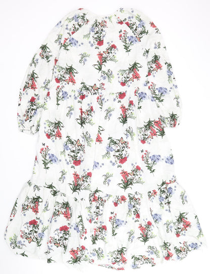 River Island Womens White Floral Cotton A-Line Size 8 Square Neck Tie