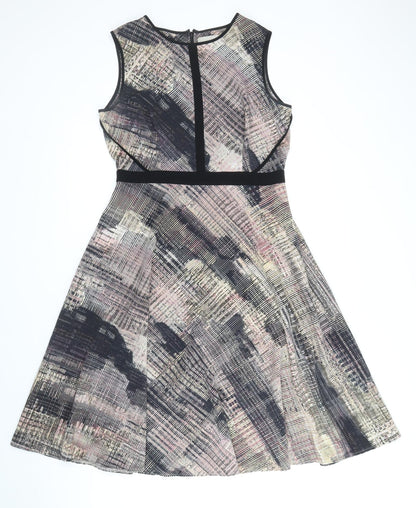 Fenn Wright Manson Womens Brown Geometric Polyester Fit & Flare Size 12 Boat Neck Zip