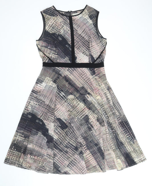 Fenn Wright Manson Womens Brown Geometric Polyester Fit & Flare Size 12 Boat Neck Zip