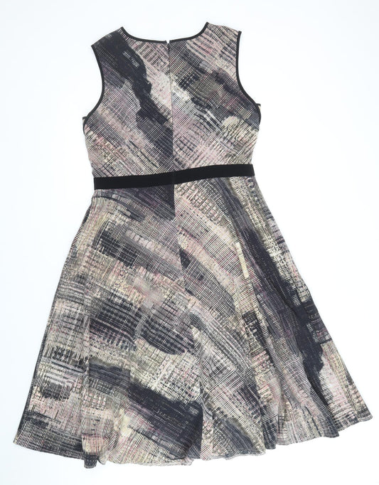 Fenn Wright Manson Womens Brown Geometric Polyester Fit & Flare Size 12 Boat Neck Zip