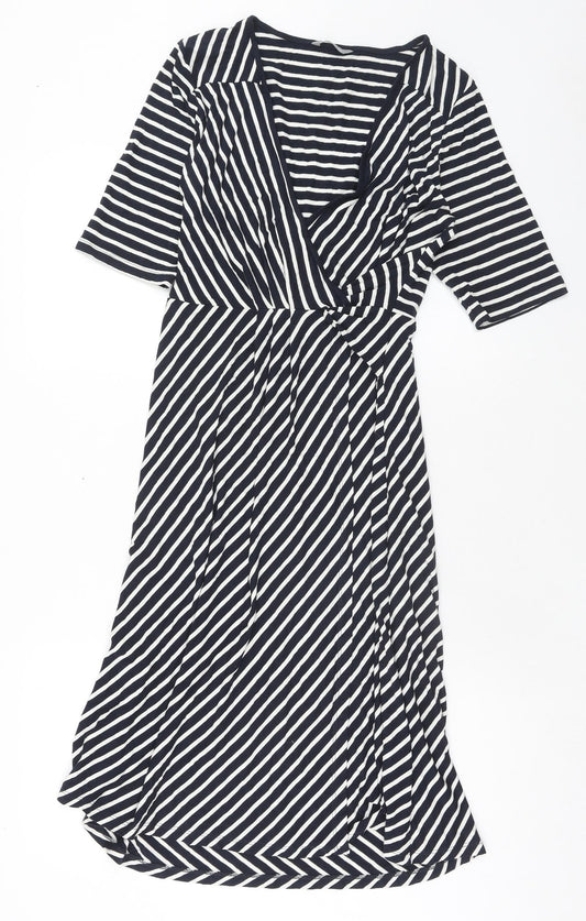 Marks and Spencer Womens Blue Striped Viscose A-Line Size 14 V-Neck Pullover