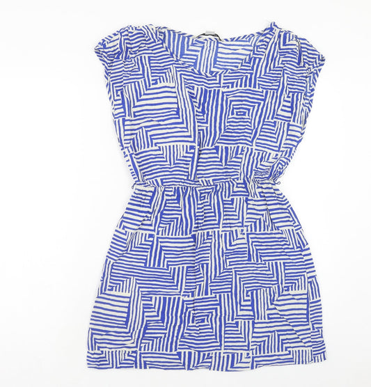 FOREVER 21 Womens Blue Geometric Viscose Mini Size L Boat Neck Pullover