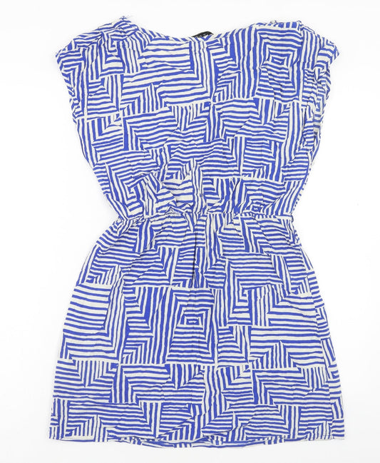 FOREVER 21 Womens Blue Geometric Viscose Mini Size L Boat Neck Pullover