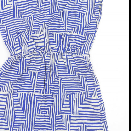 FOREVER 21 Womens Blue Geometric Viscose Mini Size L Boat Neck Pullover