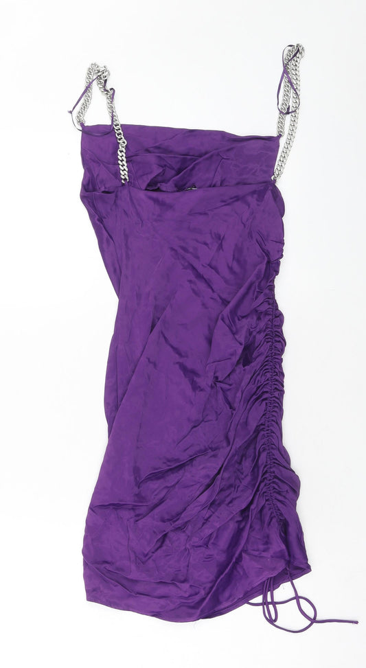 Zara Womens Purple Viscose Slip Dress Size XS Square Neck Zip - Chain Detail Straps