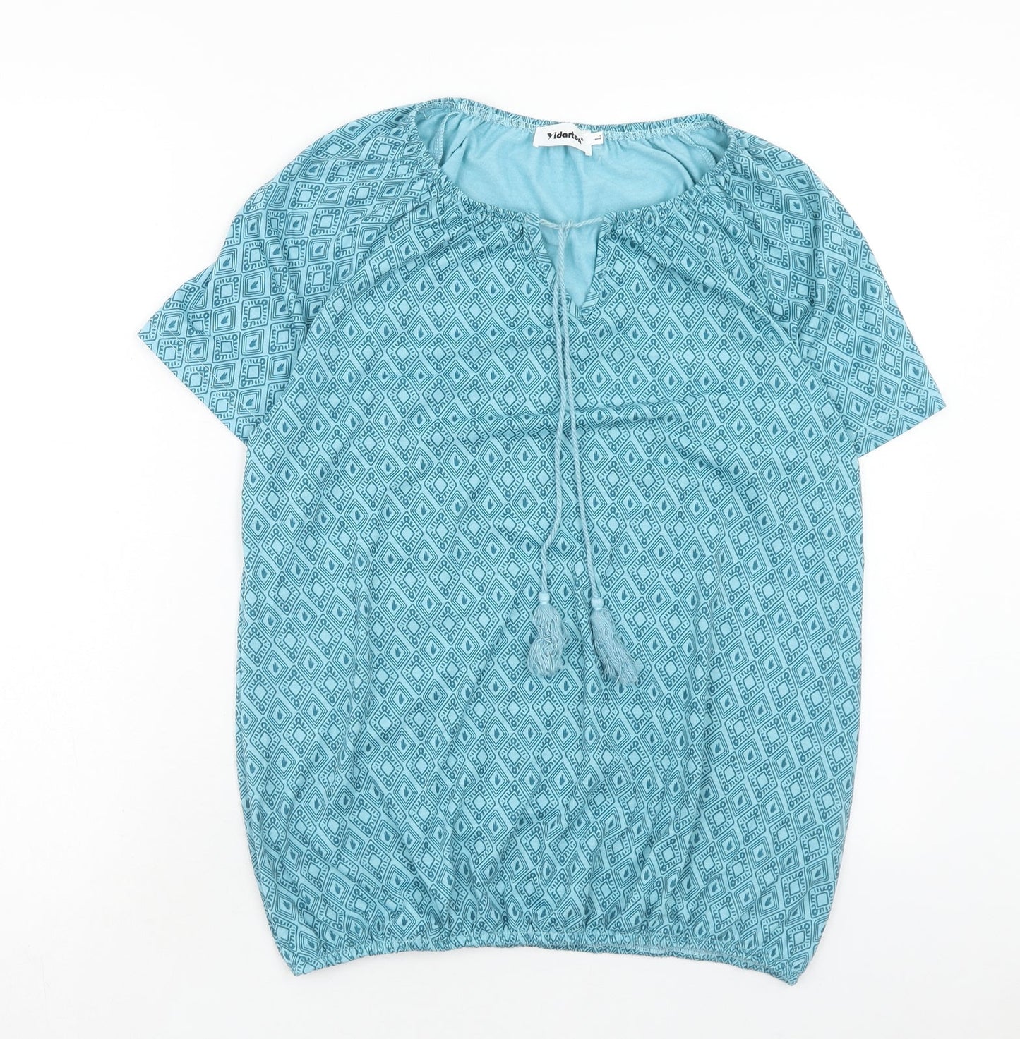 Yidarton Womens Blue Geometric Viscose Basic Blouse Size L V-Neck