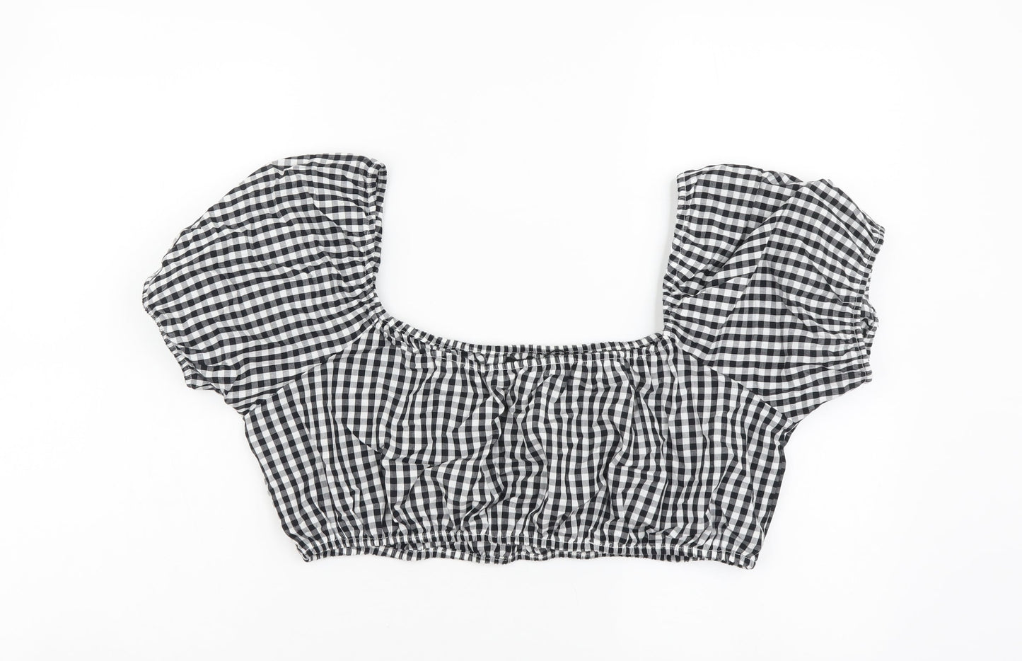 Boohoo Womens Black Geometric Cotton Cropped Blouse Size 14 Square Neck - Gingham