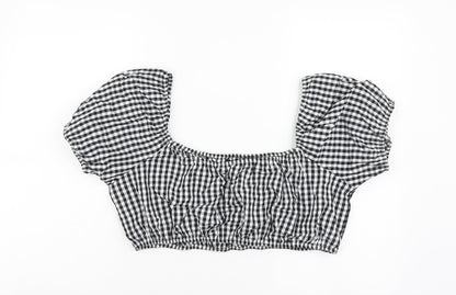Boohoo Womens Black Geometric Cotton Cropped Blouse Size 14 Square Neck - Gingham