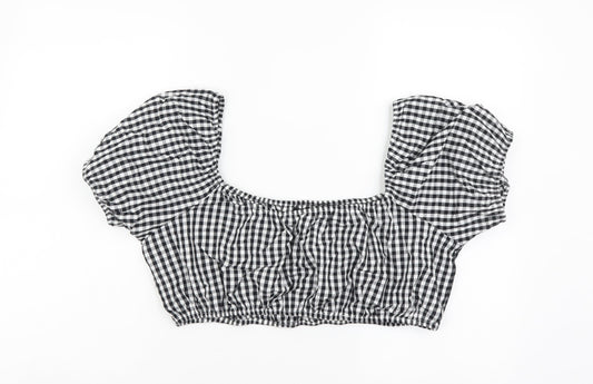 Boohoo Womens Black Geometric Cotton Cropped Blouse Size 14 Square Neck - Gingham