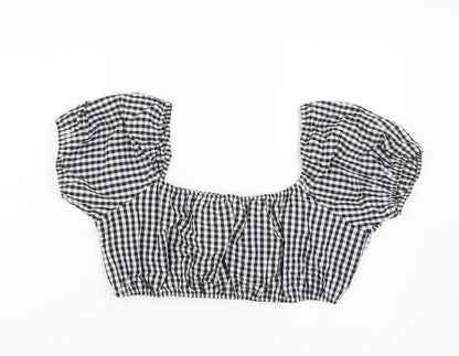 Boohoo Womens Black Geometric Cotton Cropped Blouse Size 14 Square Neck - Gingham