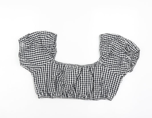 Boohoo Womens Black Geometric Cotton Cropped Blouse Size 14 Square Neck - Gingham