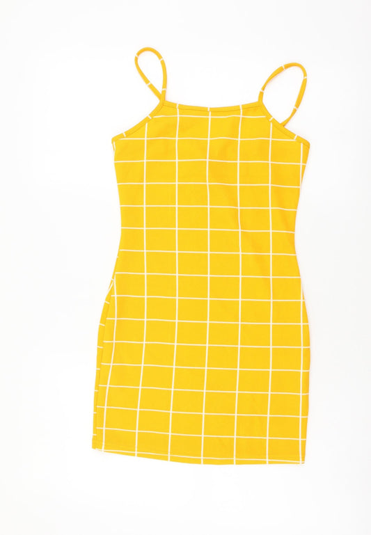 SheIn Womens Yellow Check Polyester Mini Size XS Square Neck Pullover