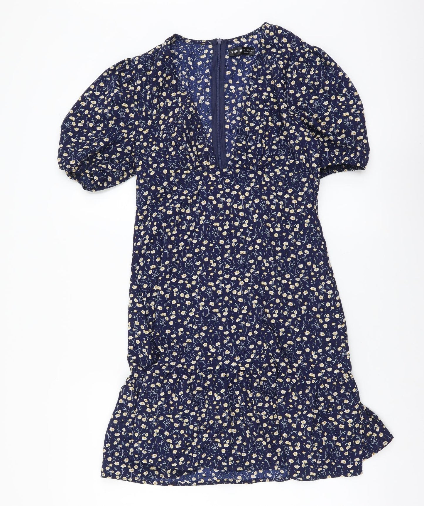 SheIn Womens Blue Floral Polyester Mini Size S V-Neck Zip