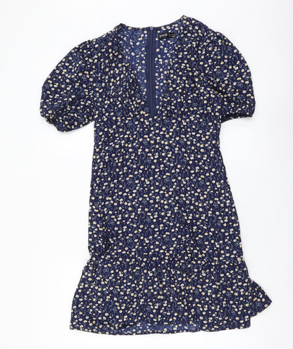 SheIn Womens Blue Floral Polyester Mini Size S V-Neck Zip