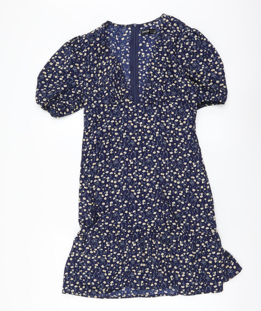 SheIn Womens Blue Floral Polyester Mini Size S V-Neck Zip