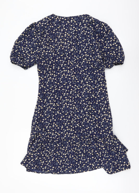 SheIn Womens Blue Floral Polyester Mini Size S V-Neck Zip