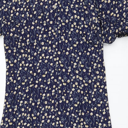 SheIn Womens Blue Floral Polyester Mini Size S V-Neck Zip