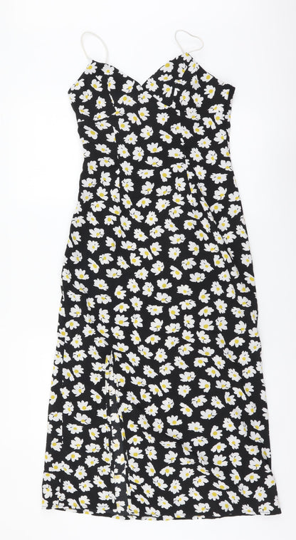 SheIn Womens Black Floral Polyester A-Line Size S V-Neck Zip