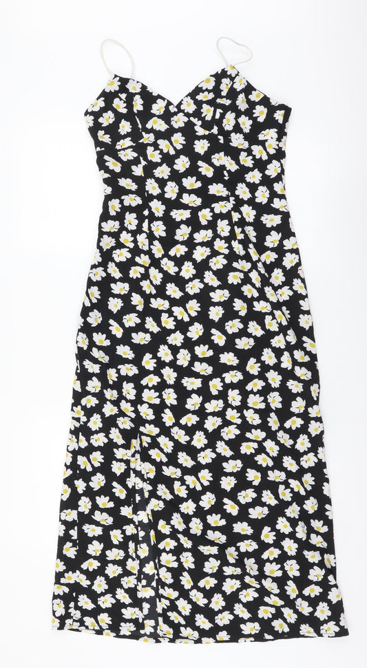 SheIn Womens Black Floral Polyester A-Line Size S V-Neck Zip