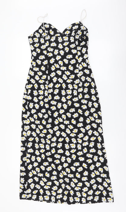 SheIn Womens Black Floral Polyester A-Line Size S V-Neck Zip