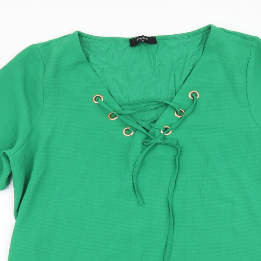Papaya Womens Green Polyester Basic T-Shirt Size 10 V-Neck