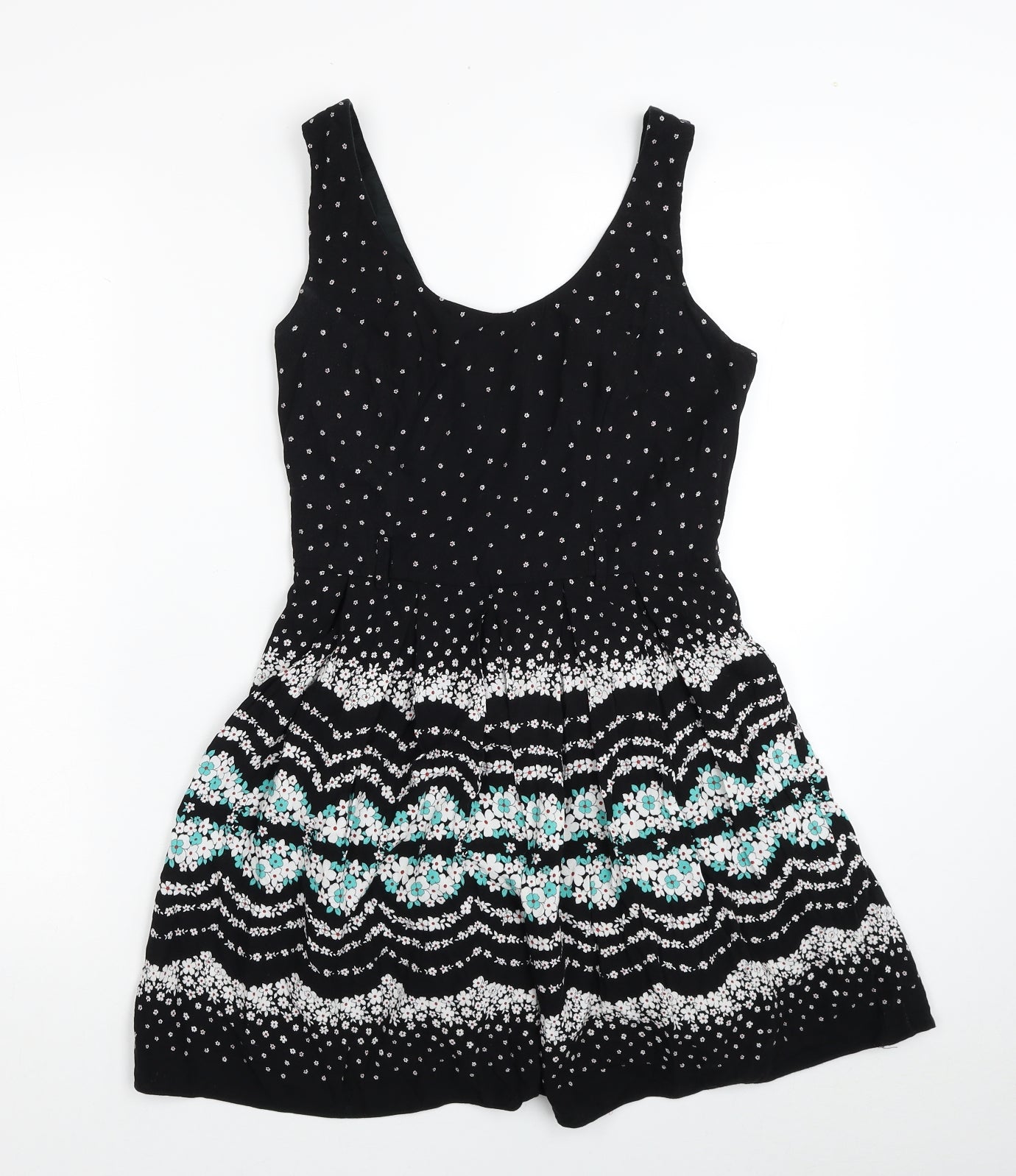 Debenhams Womens Black Floral Viscose Tank Dress Size 8 Scoop Neck Pullover