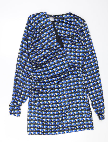 Zara Womens Blue Geometric Polyester Shift Size M Round Neck Zip
