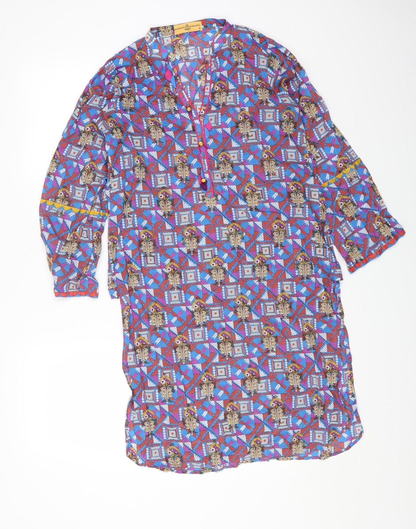 Bonanza Womens Blue Geometric Cotton Kaftan Size 8 V-Neck Pullover