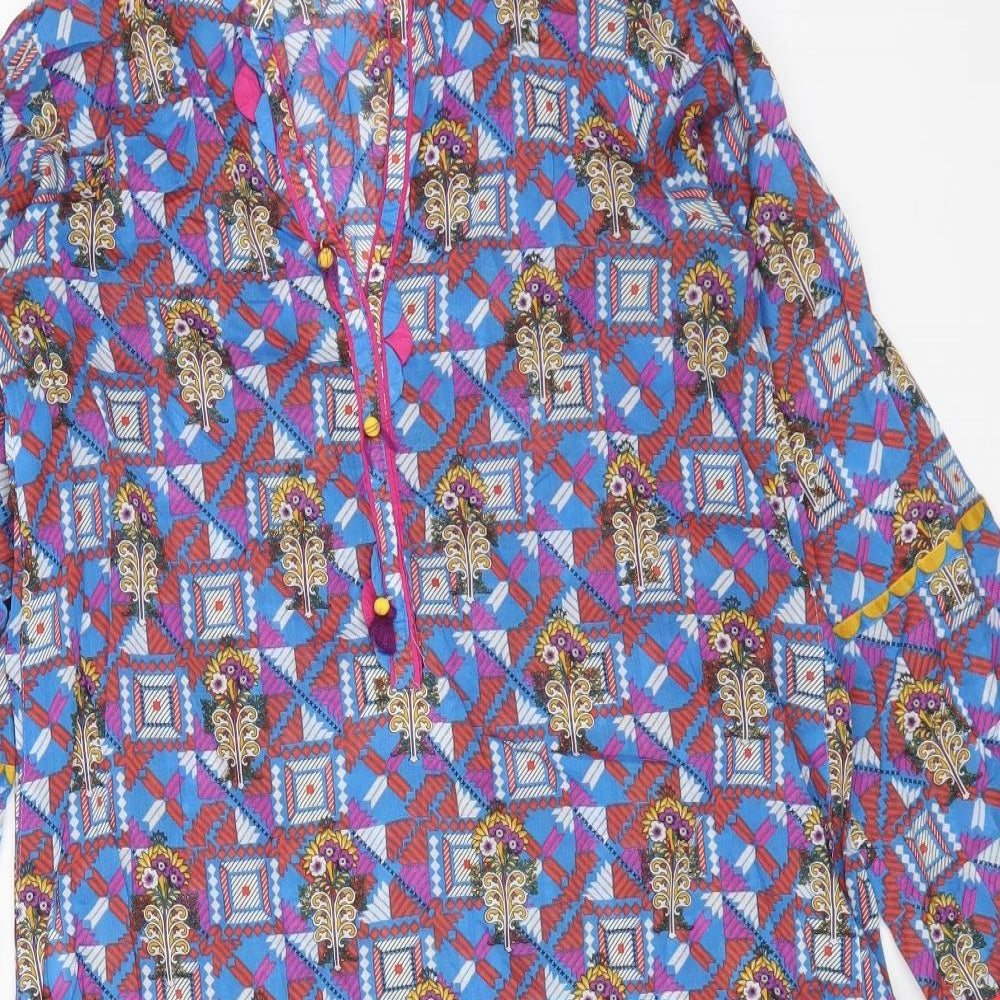 Bonanza Womens Blue Geometric Cotton Kaftan Size 8 V-Neck Pullover