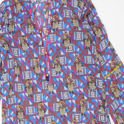 Bonanza Womens Blue Geometric Cotton Kaftan Size 8 V-Neck Pullover