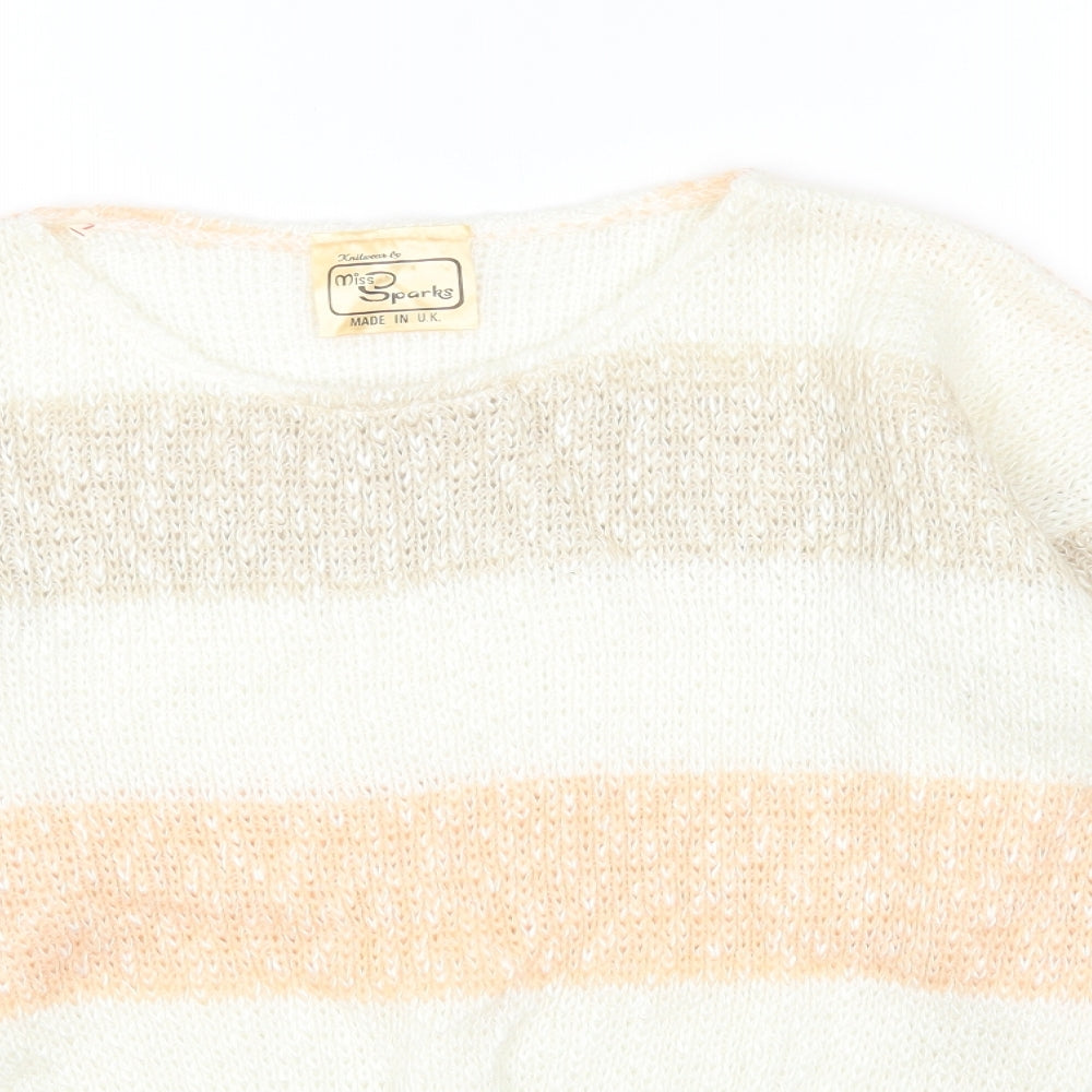 MISS SPARKS Womens White Round Neck Striped Cotton Pullover Jumper Size L