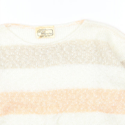 MISS SPARKS Womens White Round Neck Striped Cotton Pullover Jumper Size L